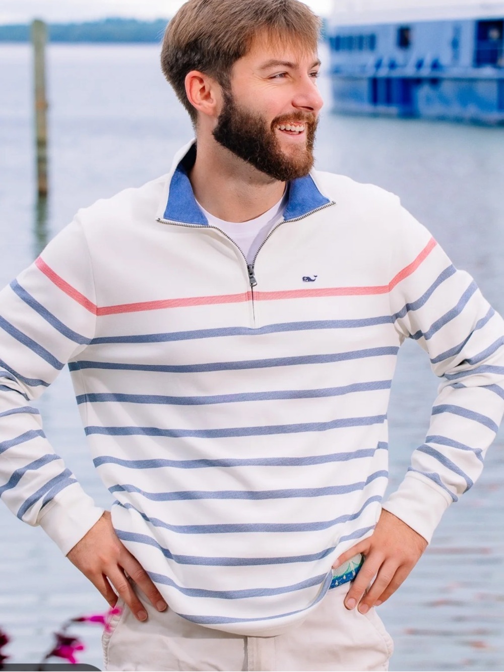 New Men’s Vineyard Vines Saltwater Breton Stripe Quarter Zip Pullover Size L